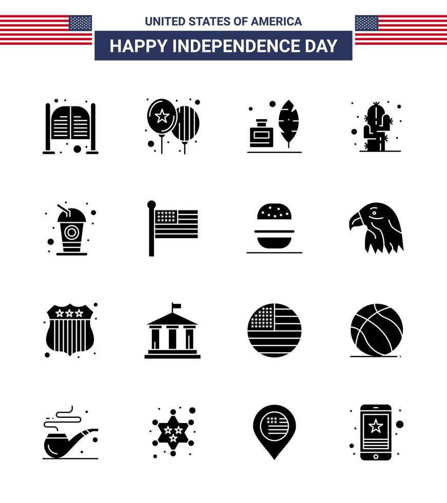 4 de julho eua feliz dia da independência ícone símbolos grupo de 16 glifos sólidos modernos de garrafa planta festa flor americana editável dia eua vetor elementos de design