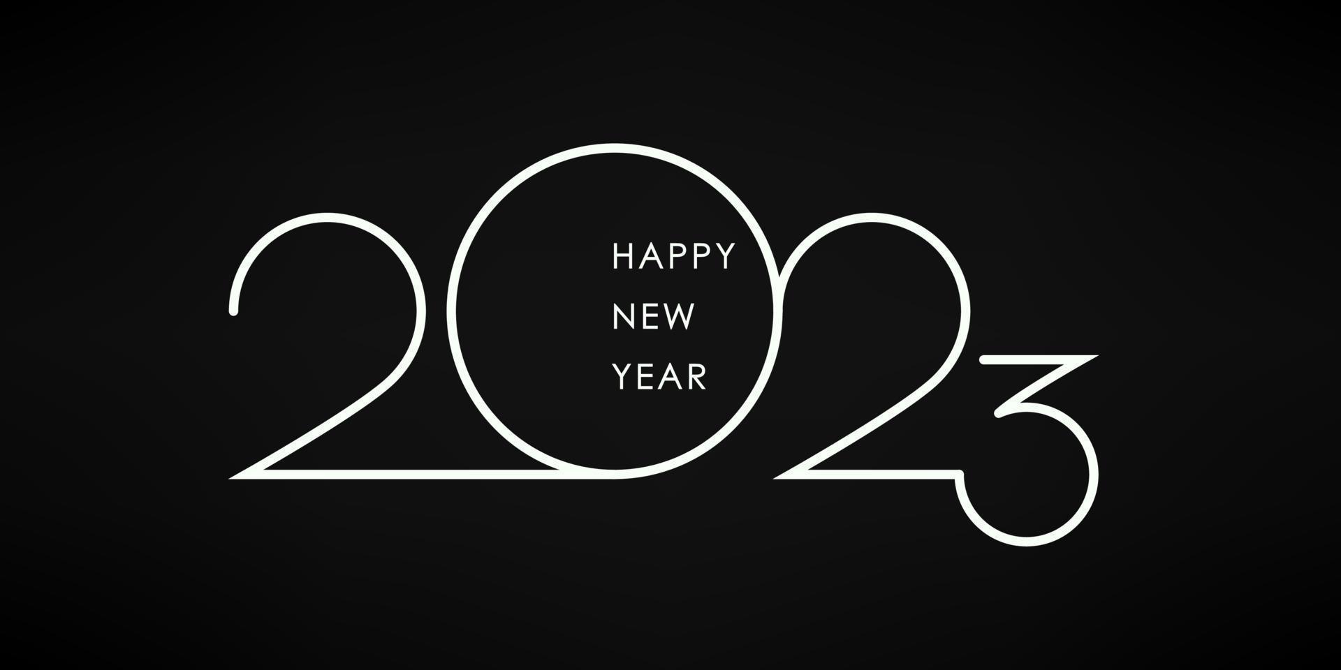 2023 e feliz ano novo. letras brancas sobre fundo preto. cartão postal de férias em estilo minimalista. ilustração vetorial vetor