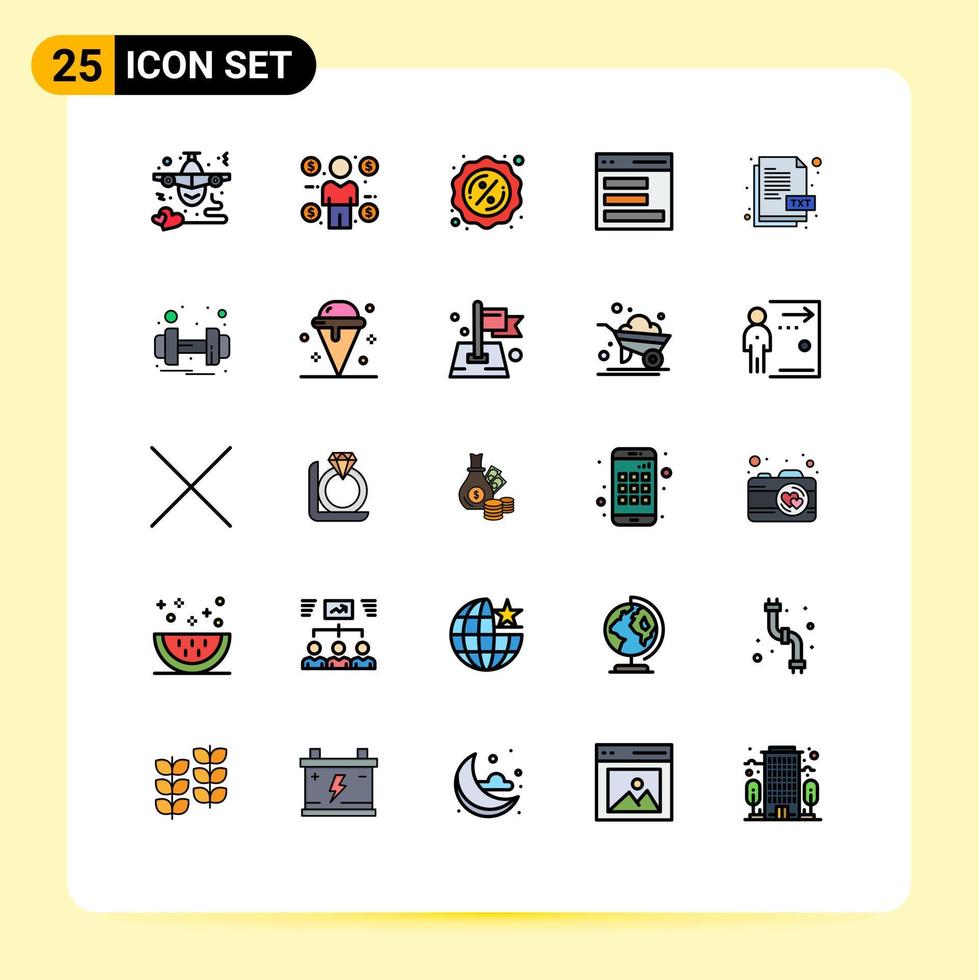 grupo de símbolos de ícone universal de 25 cores planas de linha preenchida moderna de arquivo txt interface de consumidor do usuário comunicação elementos de design de vetores editáveis