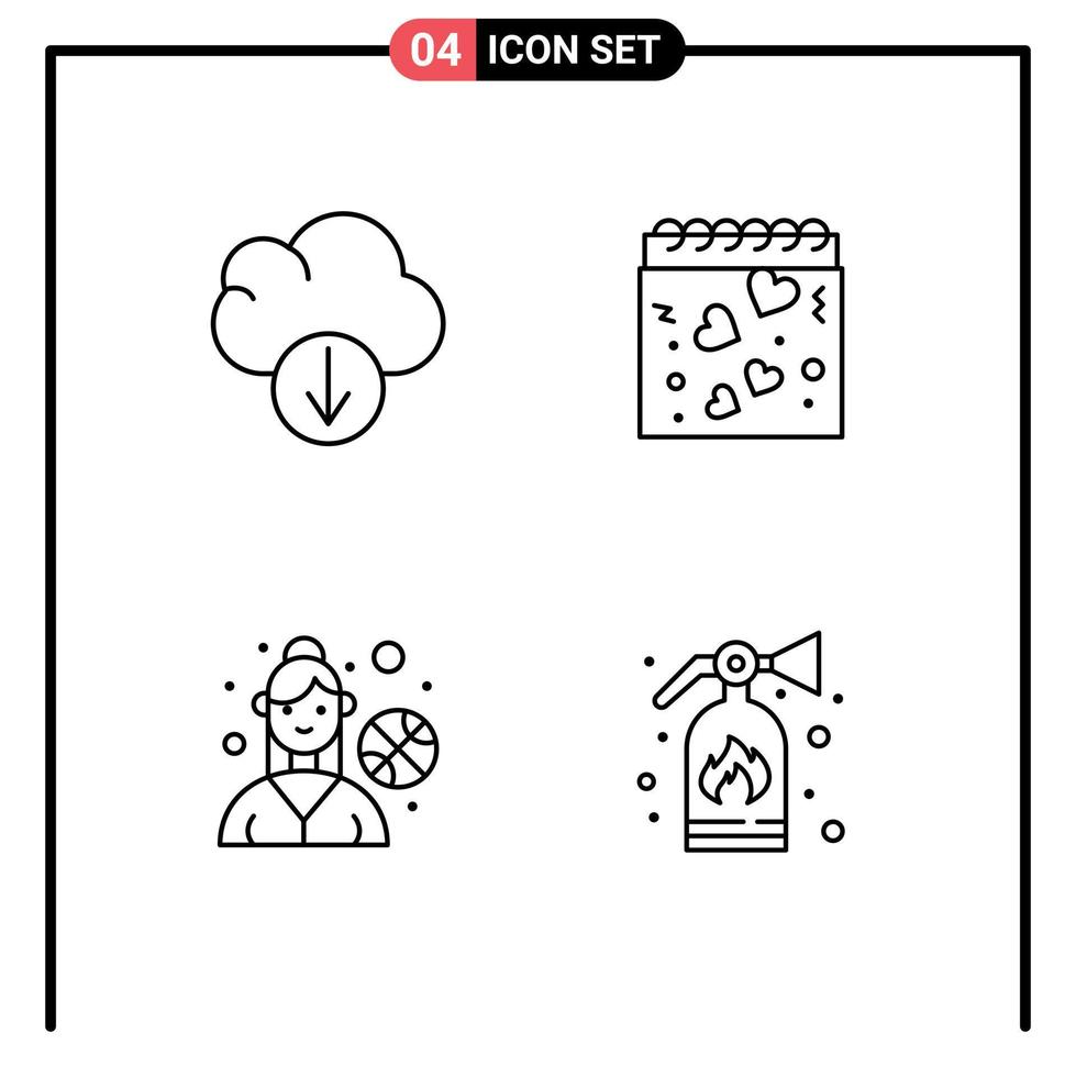 4 ícones criativos, sinais e símbolos modernos de nuvem, calendário de jogo ao ar livre, romance, fogo, elementos de design vetoriais editáveis vetor