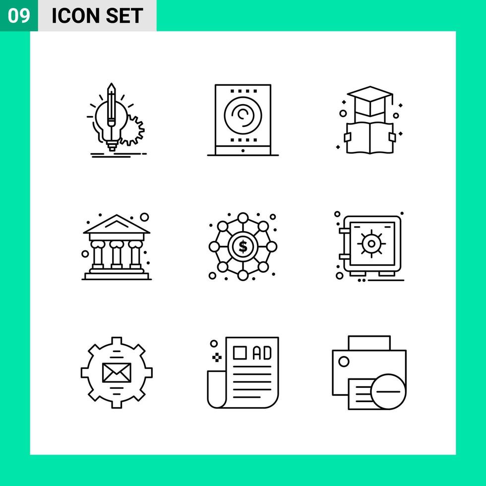 pacote de 9 ícones de estilo de linha definem símbolos de contorno para imprimir sinais criativos isolados no fundo branco 9 ícones definem o fundo criativo do vetor de ícones pretos