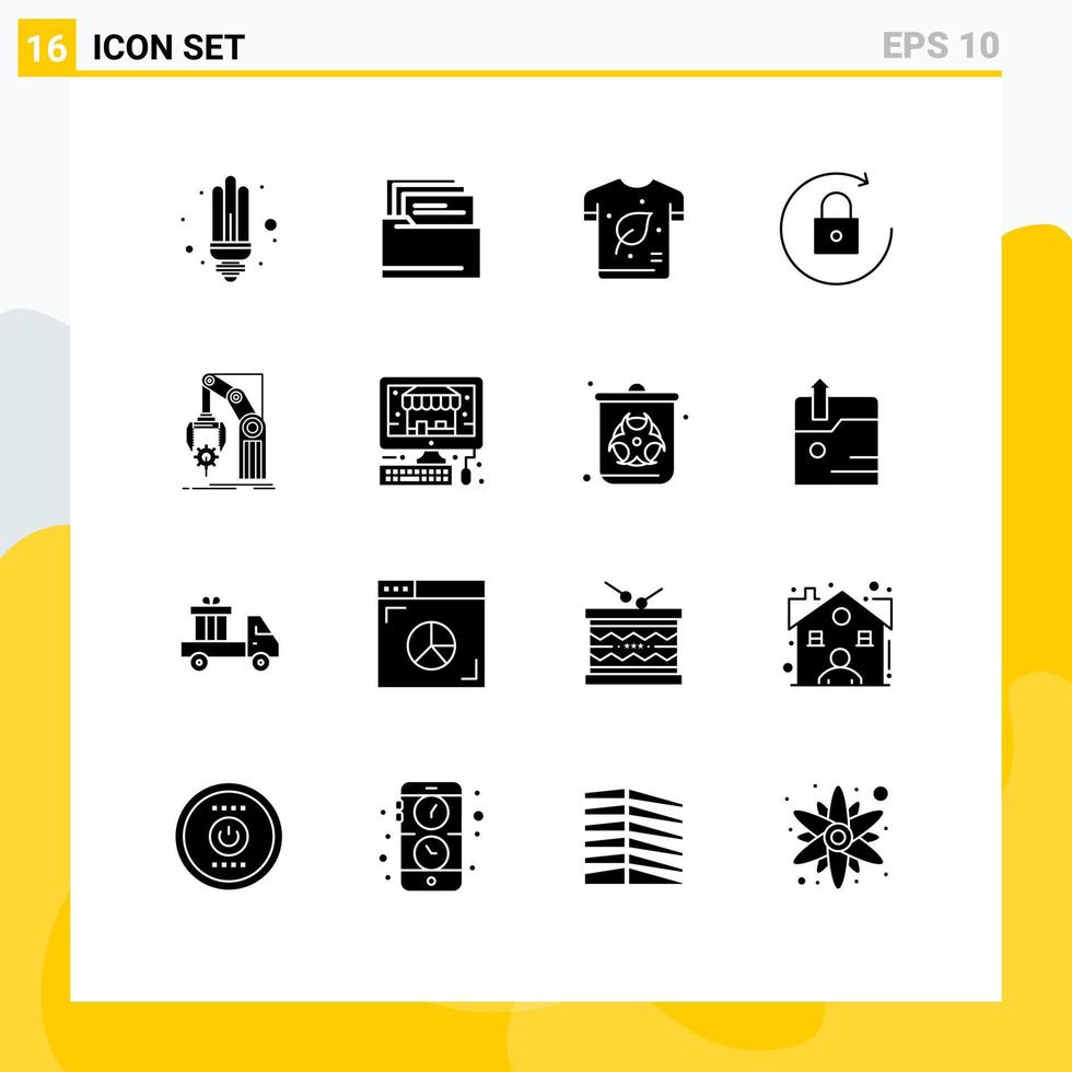 Pacote de glifos sólidos de 16 interfaces de usuário de sinais e símbolos modernos de automação manual seta de rotação ecológica elementos de design de vetores editáveis