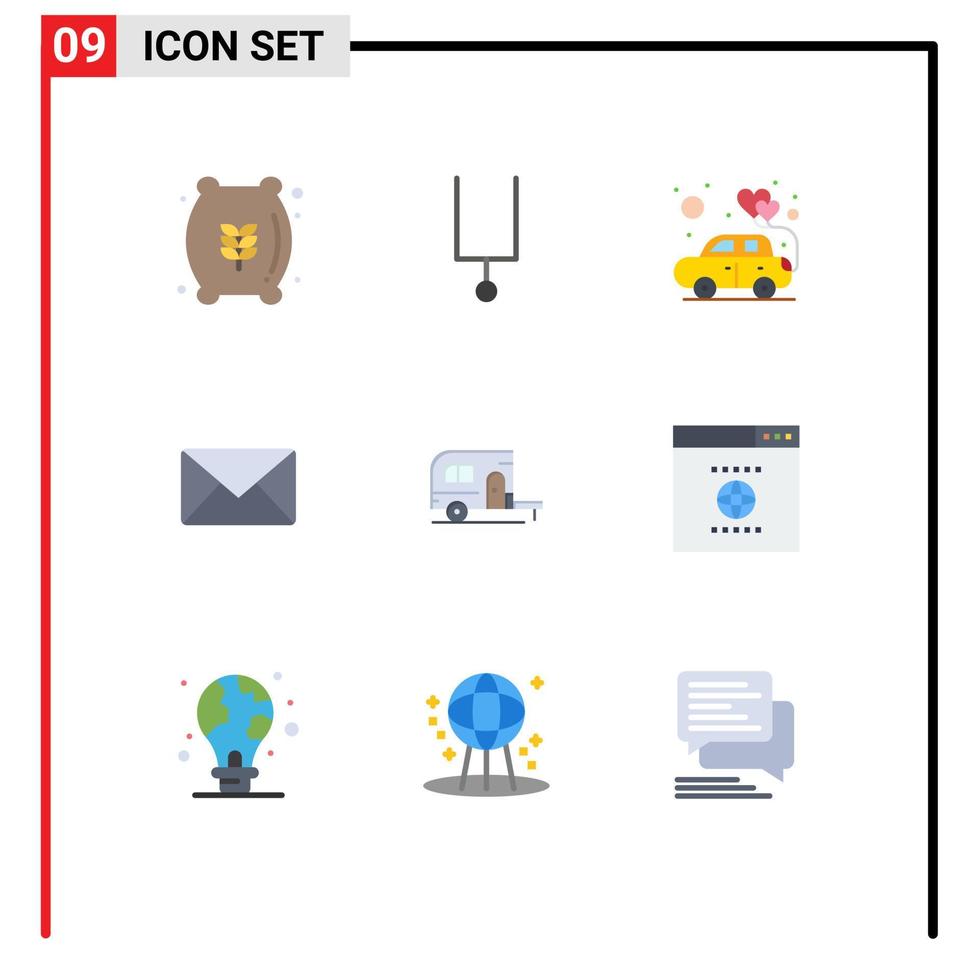 conjunto moderno de 9 cores planas e símbolos, como elementos de design de vetores editáveis de coração de caravana de acampamento sms