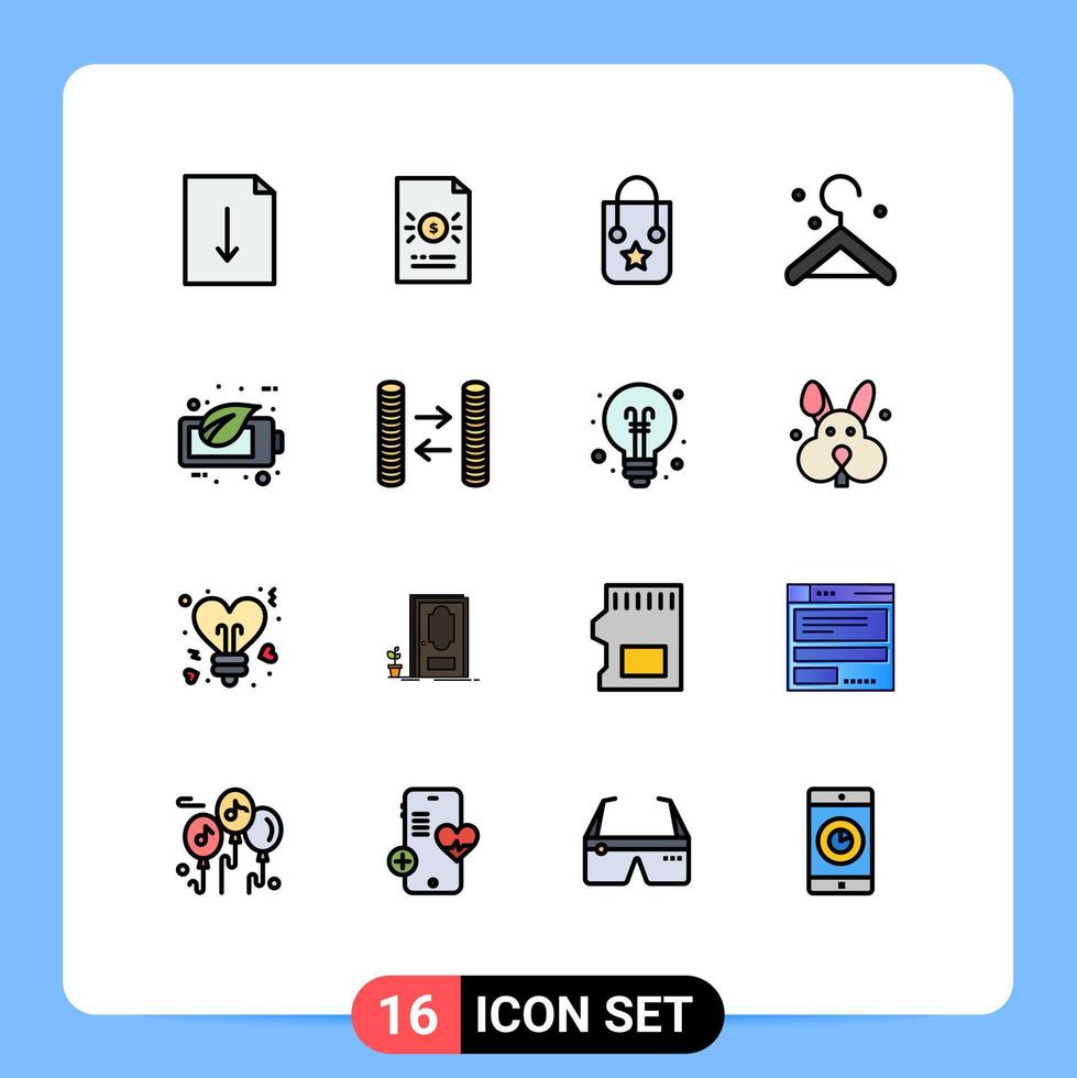 16 linhas preenchidas de cores planas universais definidas para aplicações web e móveis bateria ecologia bolsa roupas ecológicas elementos de design de vetores criativos editáveis