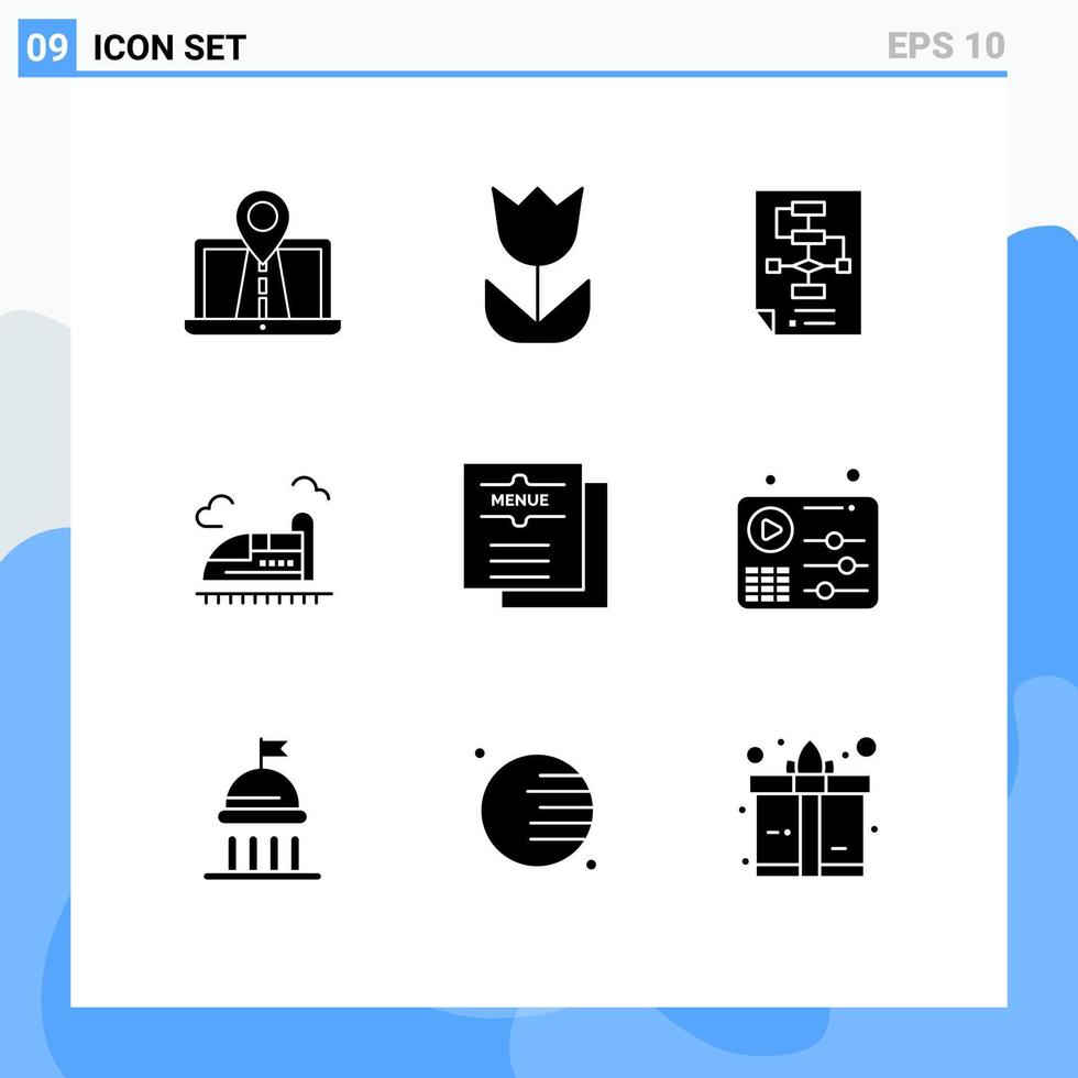 conjunto de 9 pacotes de glifos sólidos comerciais para elementos de design de vetores editáveis de processo de bala de foto de trem de velocidade
