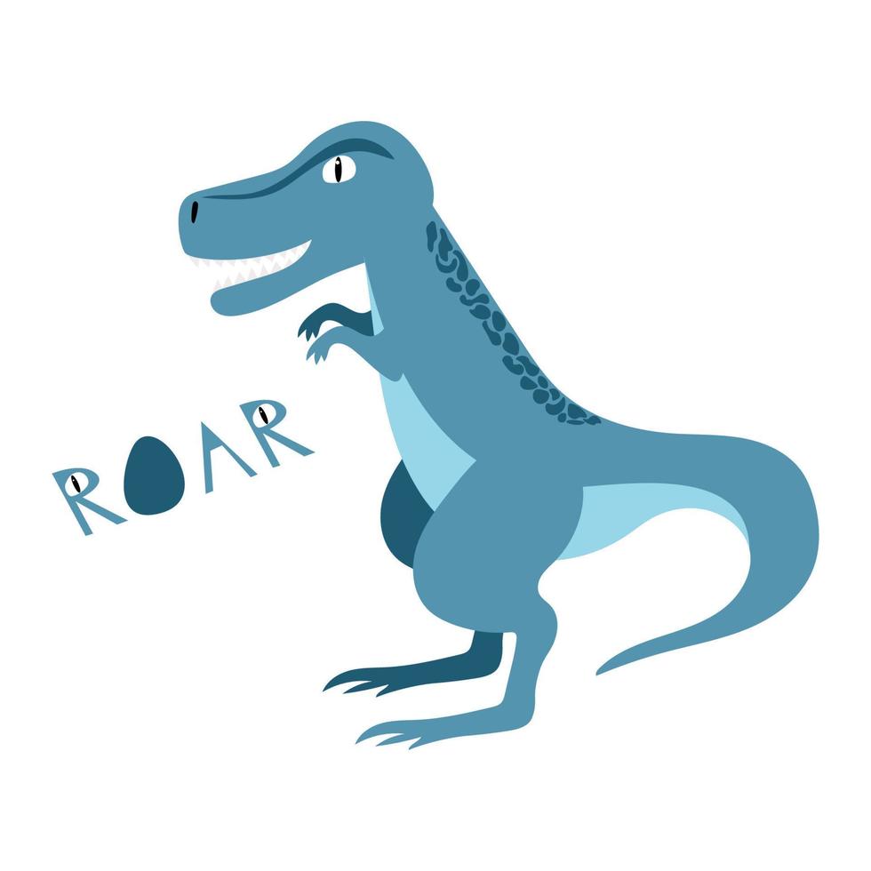 dinossauro perigoso desenhado em estilo infantil com rugido de texto. tiranossauro rex para imprimir em coisas de crianças. vetor