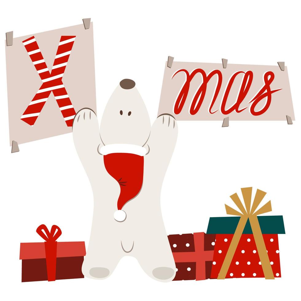 dois adesivos colados por um urso polar branco com a inscrição natal e presentes. decoração de natal. clipart para cartão postal vetor