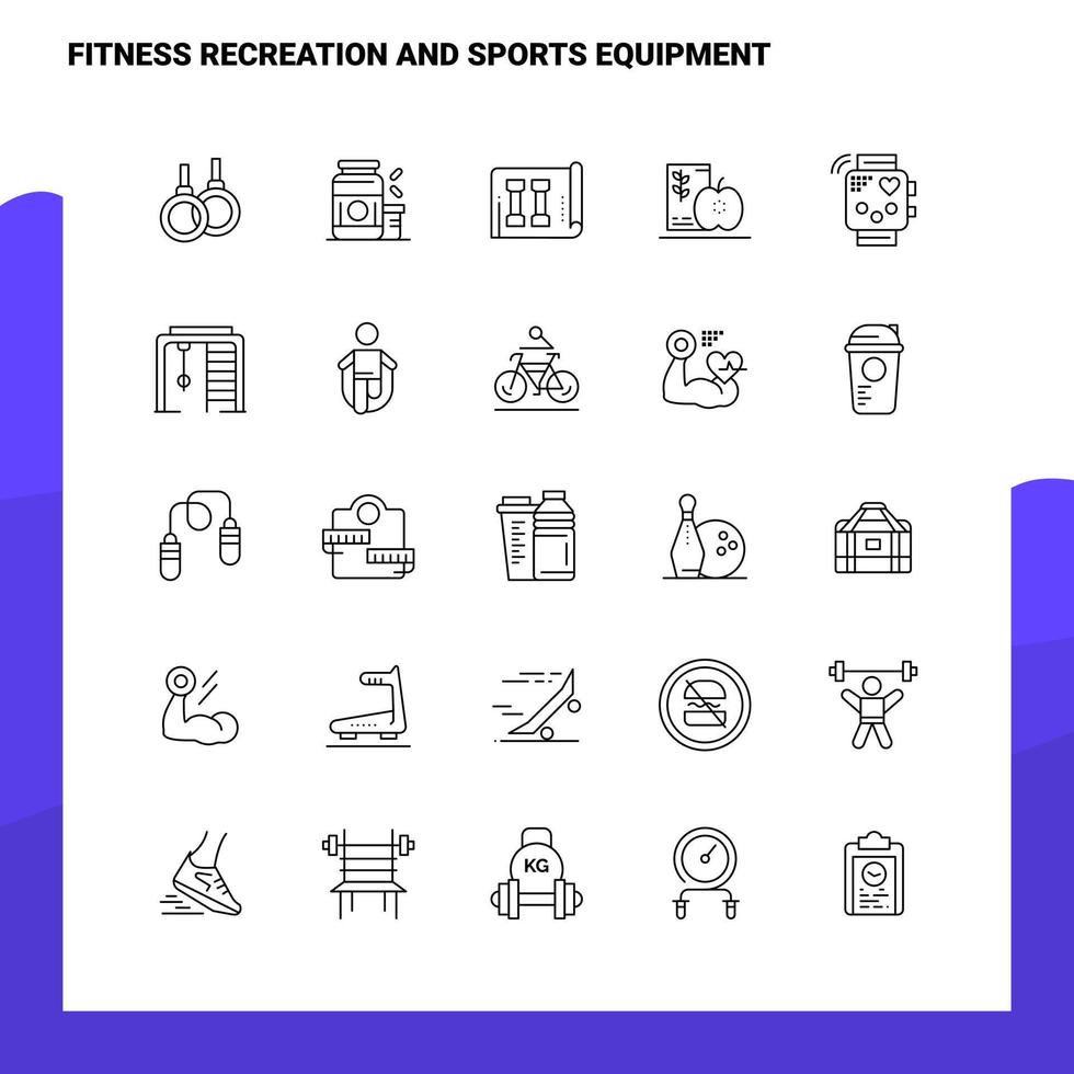 conjunto de ícones de linha de equipamentos esportivos e recreação de fitness 25 ícones design de estilo de minimalismo vetorial conjunto de ícones pretos pacote de pictograma linear vetor