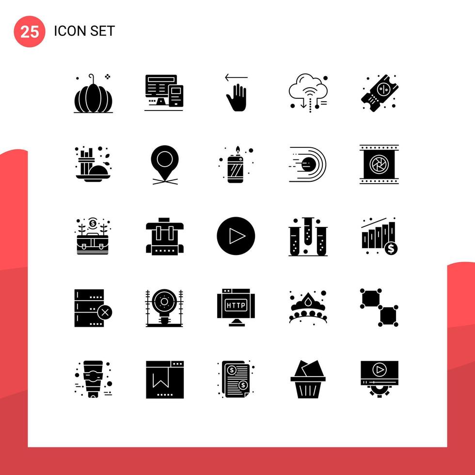 conjunto de glifos sólidos de interface móvel de 25 pictogramas de elementos de design de vetores editáveis de roteador de nuvem de bilhete na internet