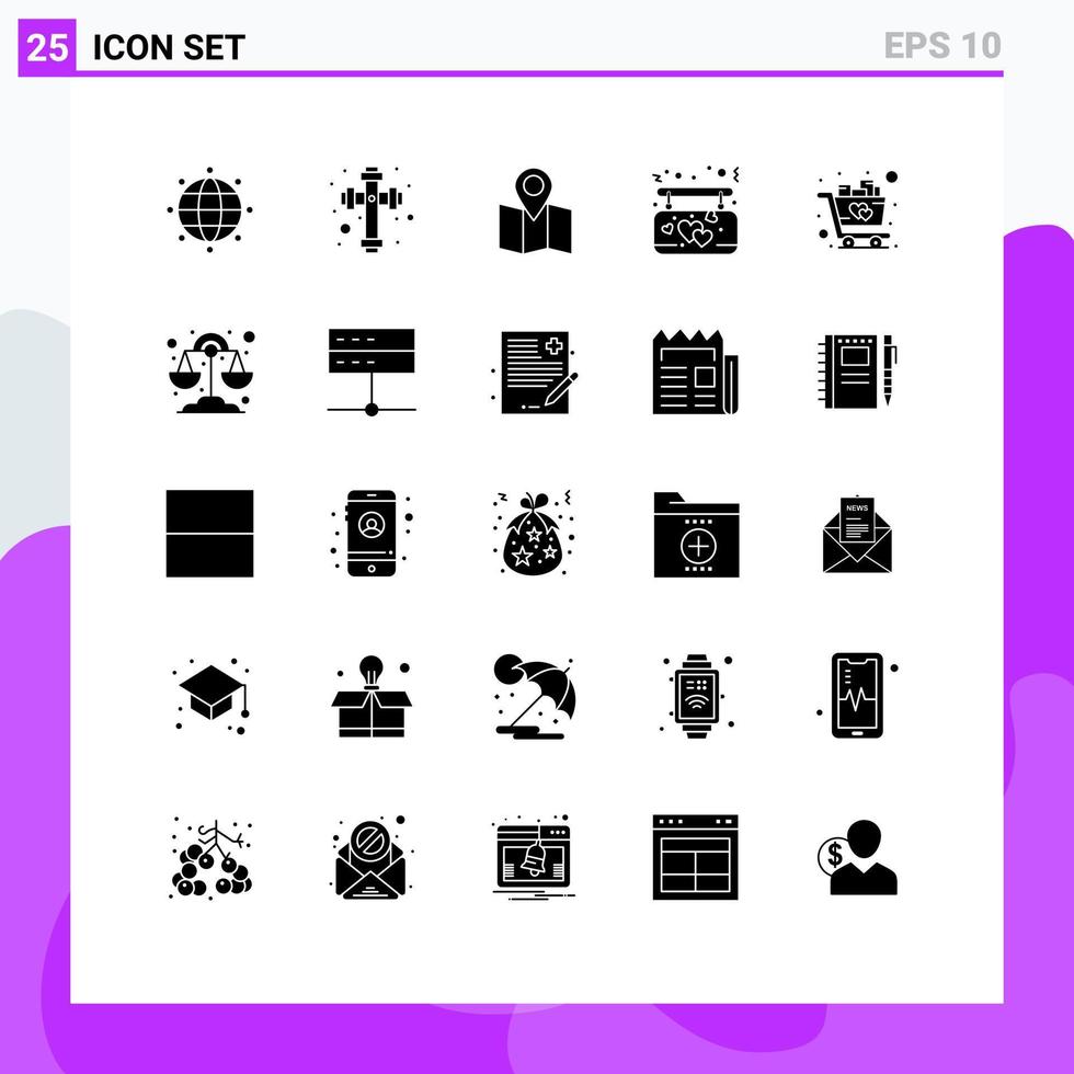pacote de interface do usuário de 25 glifos sólidos básicos de ponteiro de compras de química amor amor elementos de design vetorial editáveis vetor