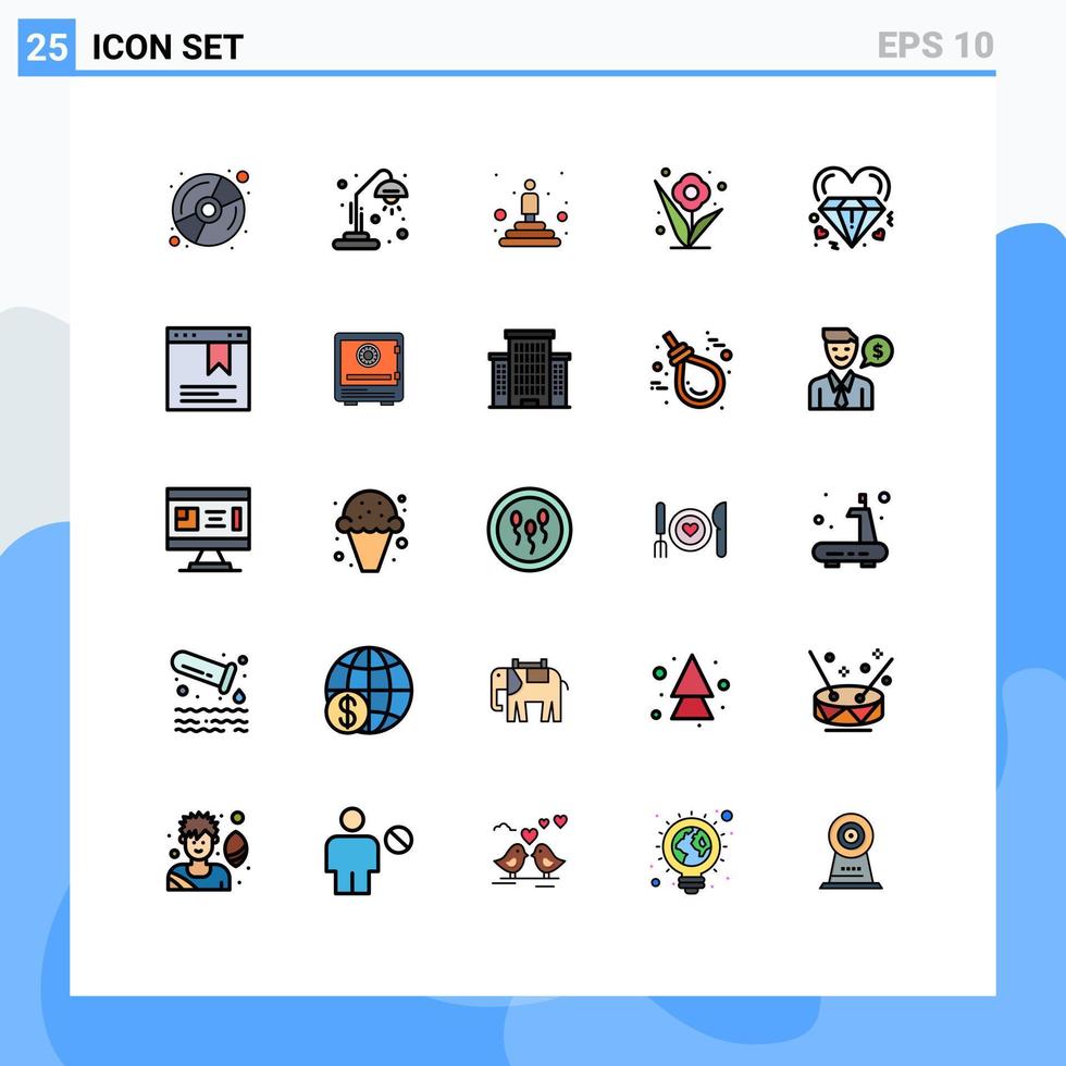 conjunto de pictogramas de 25 cores planas de linha preenchida simples de elementos de design de vetores editáveis de planta de primavera de pódio de diamante de amor