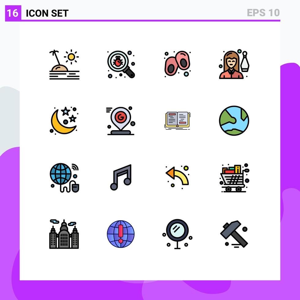 conjunto de linha cheia de cores planas de interface móvel de 16 pictogramas de elementos de design de vetores criativos editáveis de lazer de bebê de pessoa do planeta