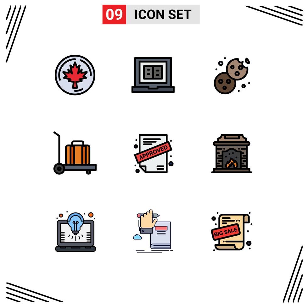 9 ícones criativos sinais e símbolos modernos de elementos de design de vetores editáveis de bagagem de aplicação de cozimento aprovados pela chaminé