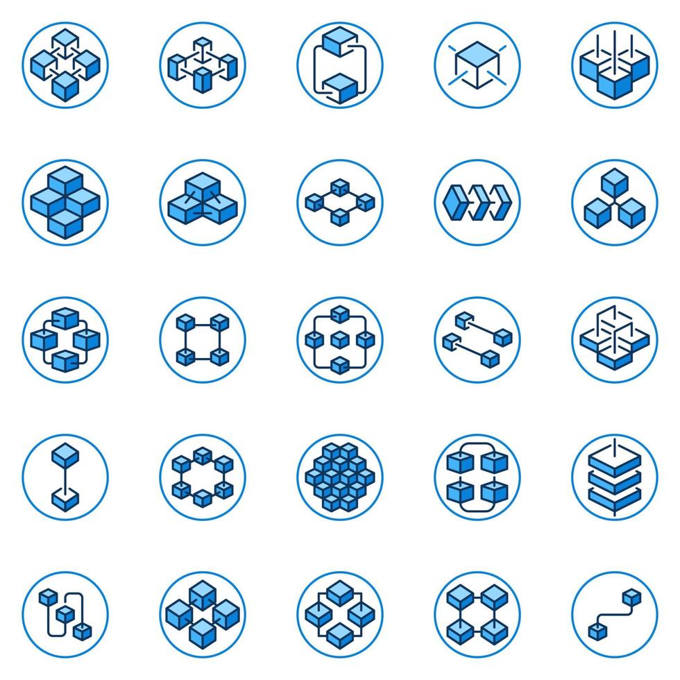 conjunto de ícones redondos azuis blockchain - blocos criptográficos vetoriais com links em sinais de conceito de círculos vetor