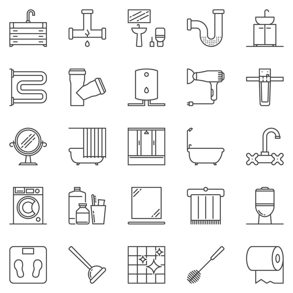 conjunto de ícones de contorno de banheiro - símbolos vetoriais de linha de banheiro vetor