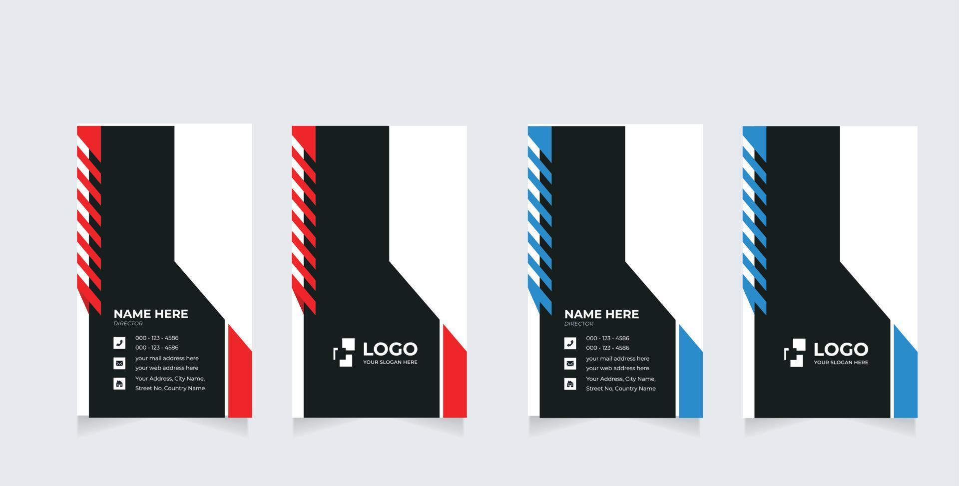 modelo de impressão de cartão de visita vertical. cartão de visita pessoal com logotipo da empresa. cores preto e azul. design plano limpo vetor