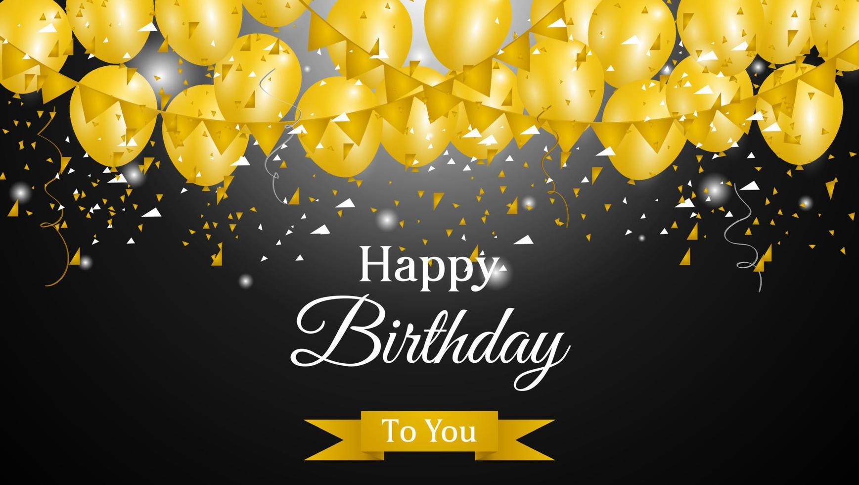 fundo de feliz aniversário com balões dourados e confetes em fundo preto. adequado para cartão, banner, etc. ilustração vetorial vetor