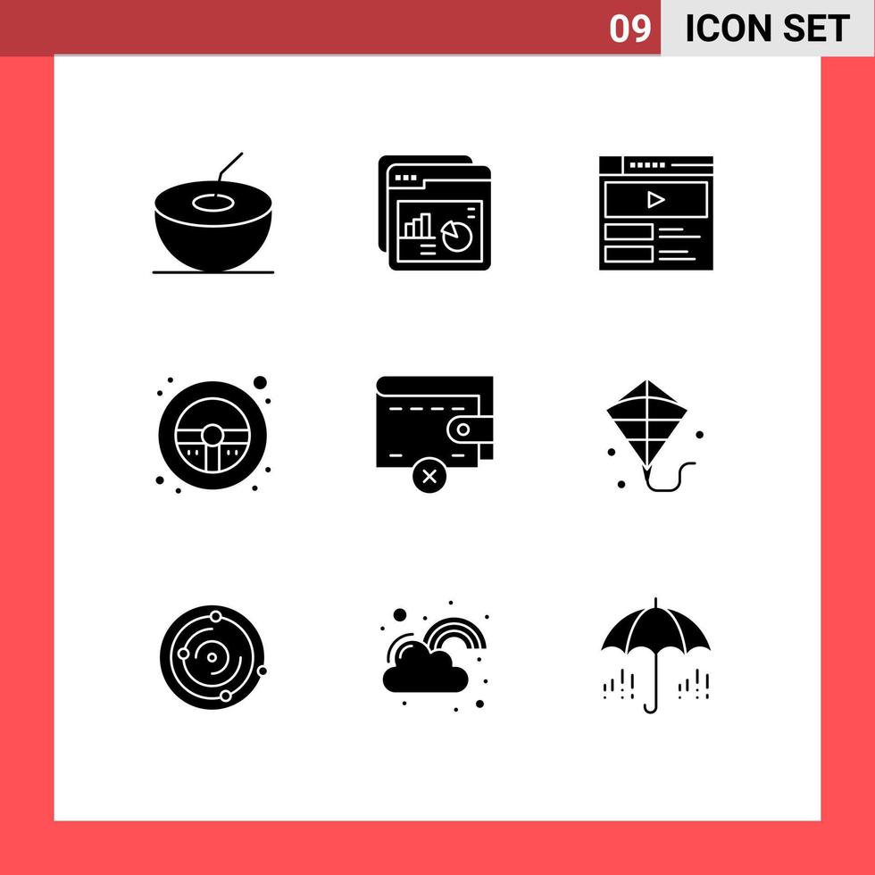 pacote de linha vetorial editável de 9 glifos sólidos simples de carteira excluir vídeo player roda direção elementos de design vetorial editável vetor