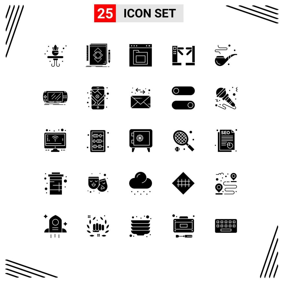 pacote de interface do usuário de 25 glifos sólidos básicos de catracas de charuto interface de controle do navegador elementos de design vetorial editáveis vetor