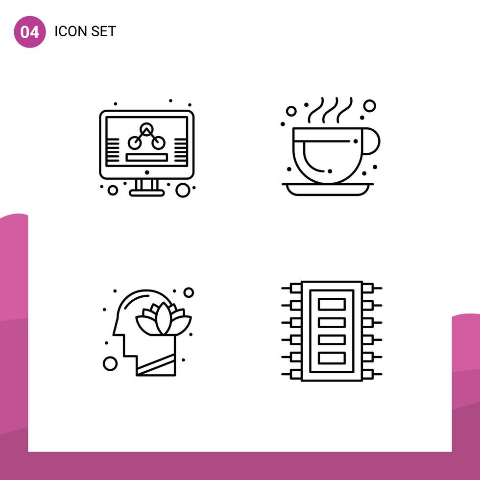pacote de 4 sinais e símbolos modernos de cores planas de linha preenchida para mídia impressa na web, como tela humana de negócios, café quente, mente, elementos de design vetorial editáveis vetor