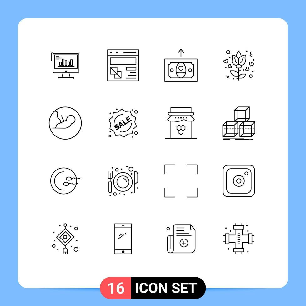 16 pacote de esboço de interface de usuário de sinais e símbolos modernos de flor rosa desenvolvem elementos de design de vetores editáveis em dinheiro