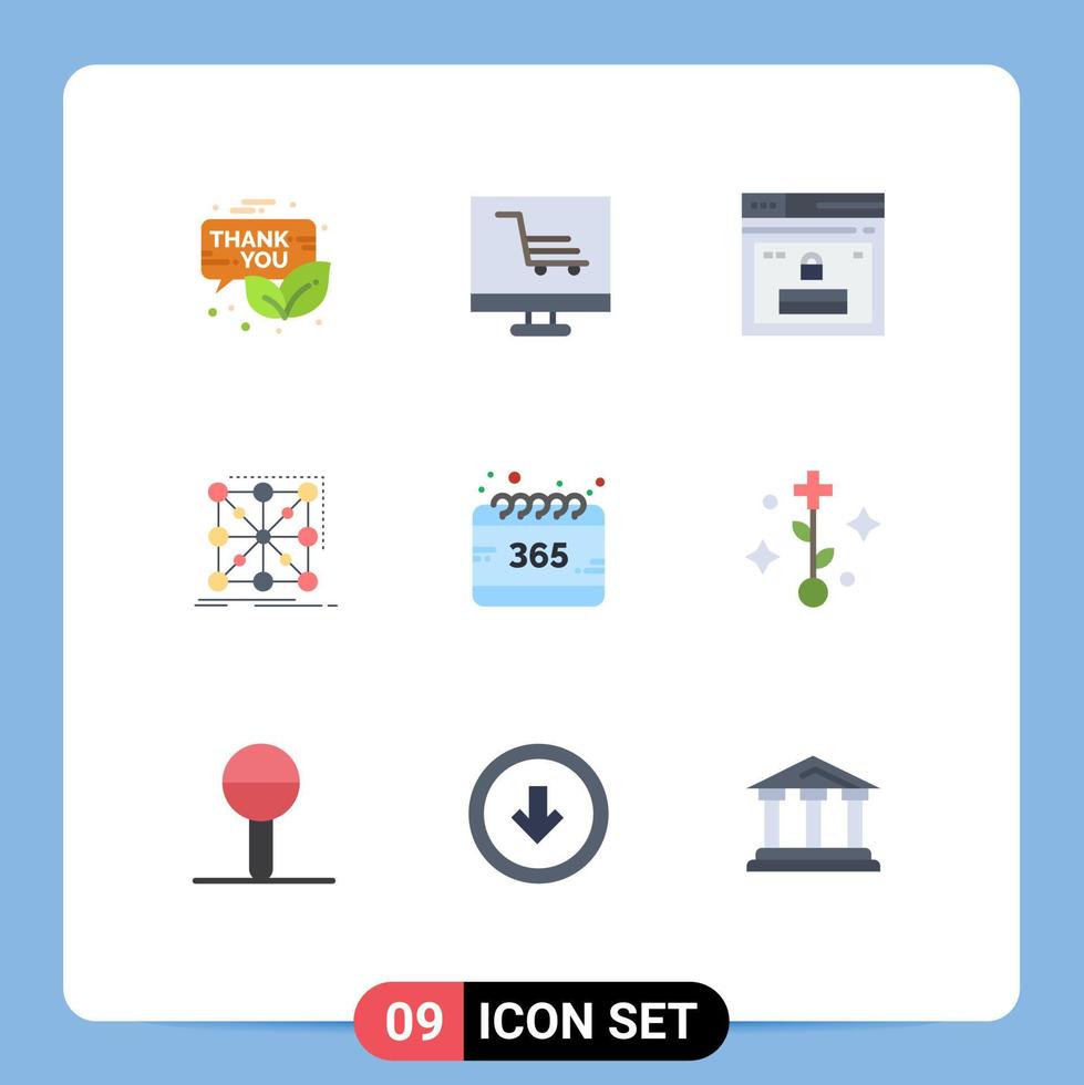 conjunto de cores planas de interface móvel de 9 pictogramas de elementos de design vetorial editáveis do site de dados de inicialização da estrutura de cluster vetor