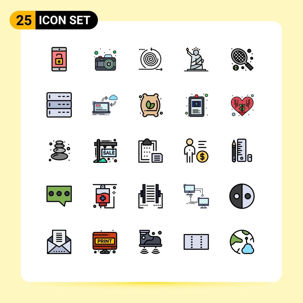 pacote de interface do usuário de 25 cores planas de linha preenchida básica de ciclos de estátua de raquete de elementos de design vetorial editáveis de pontos de referência vetor