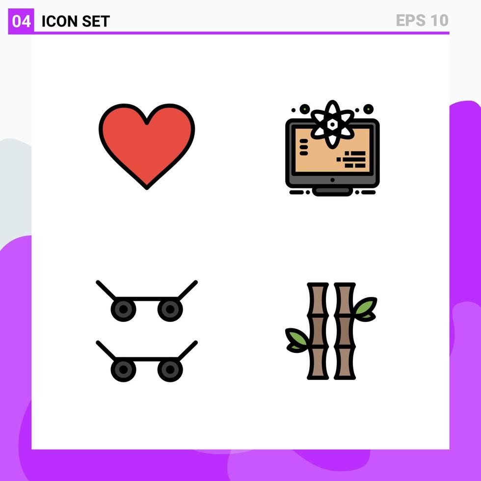 grupo de 4 cores planas de linhas preenchidas modernas definidas para monitor favorito de skate de coração elementos de design de vetores editáveis de bambu