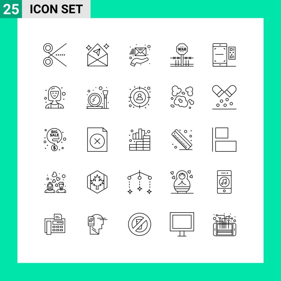 Pacote de linha de interface de usuário 25 de sinais e símbolos modernos de suporte de conflito aberto militar de ocupação elementos de design de vetores editáveis