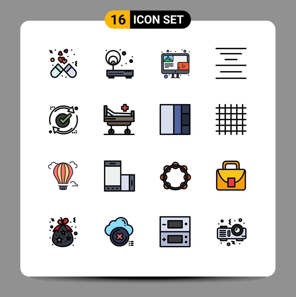 grupo de símbolos de ícones universais de 16 linhas preenchidas de cores planas modernas de ponto central ok alinham elementos de design de vetores criativos editáveis de conteúdo