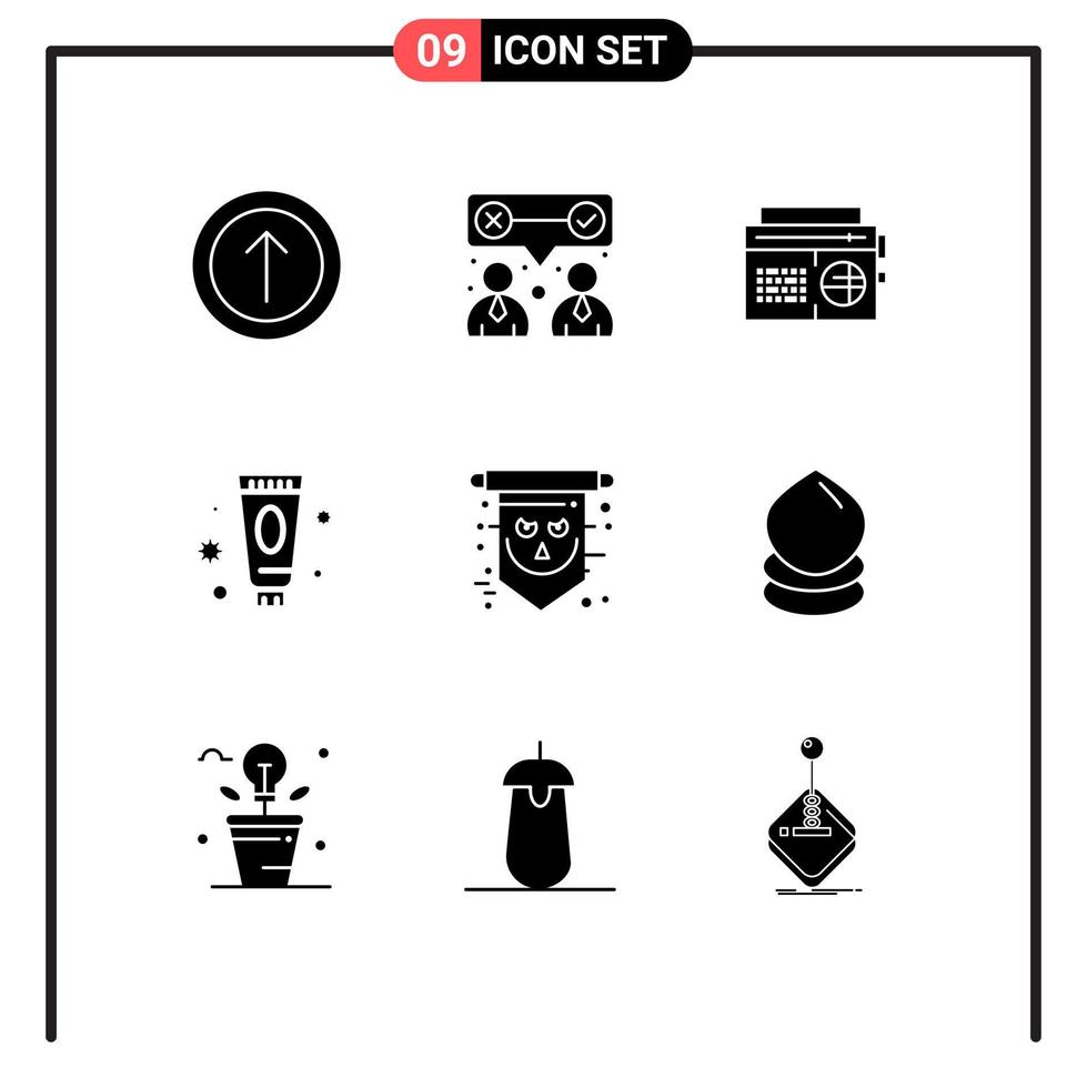 conjunto moderno de 9 glifos e símbolos sólidos, como elementos de design de vetores editáveis de música de mulher de halloween