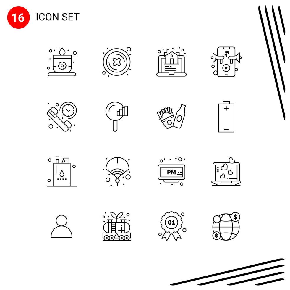 conjunto de 16 sinais de símbolos de ícones de interface do usuário modernos para duração resumida alto-falante de chamada de casa elementos de design de vetores editáveis