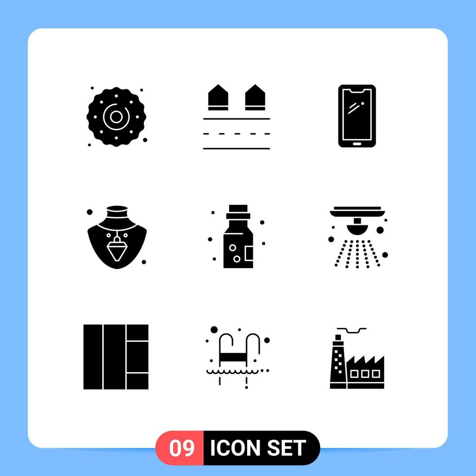 9 sinais de glifos sólidos universais símbolos de residências de joias engarrafadas nacklace elementos de design de vetores editáveis android