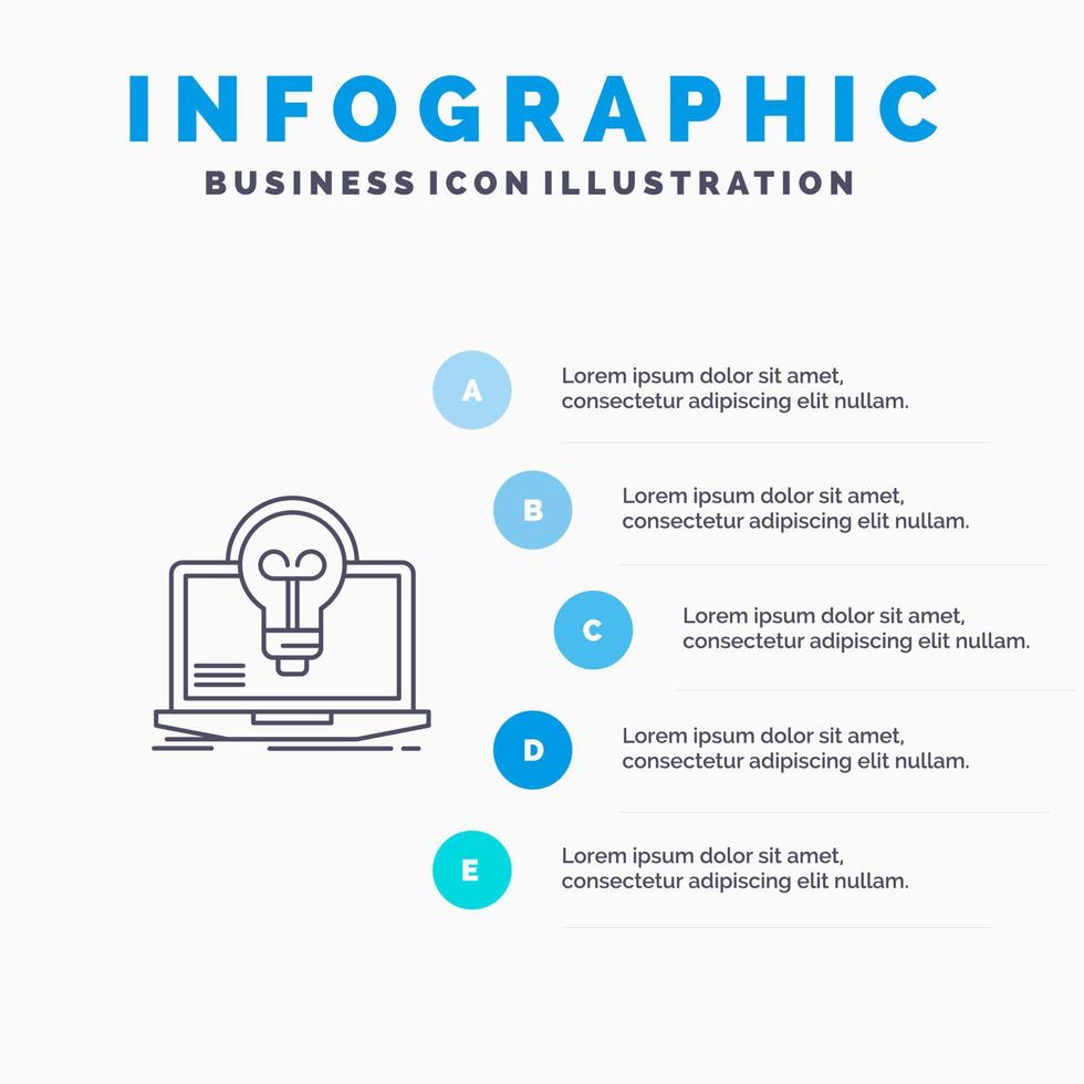 ícone de linha de arquivo de tela de laptop de sucesso de lâmpada com fundo de infográficos de apresentação de 5 etapas vetor