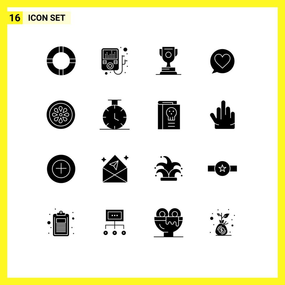 16 interface do usuário pacote de glifos sólidos de sinais e símbolos modernos do esporte jogo de limão comida bebida elementos de design de vetores editáveis