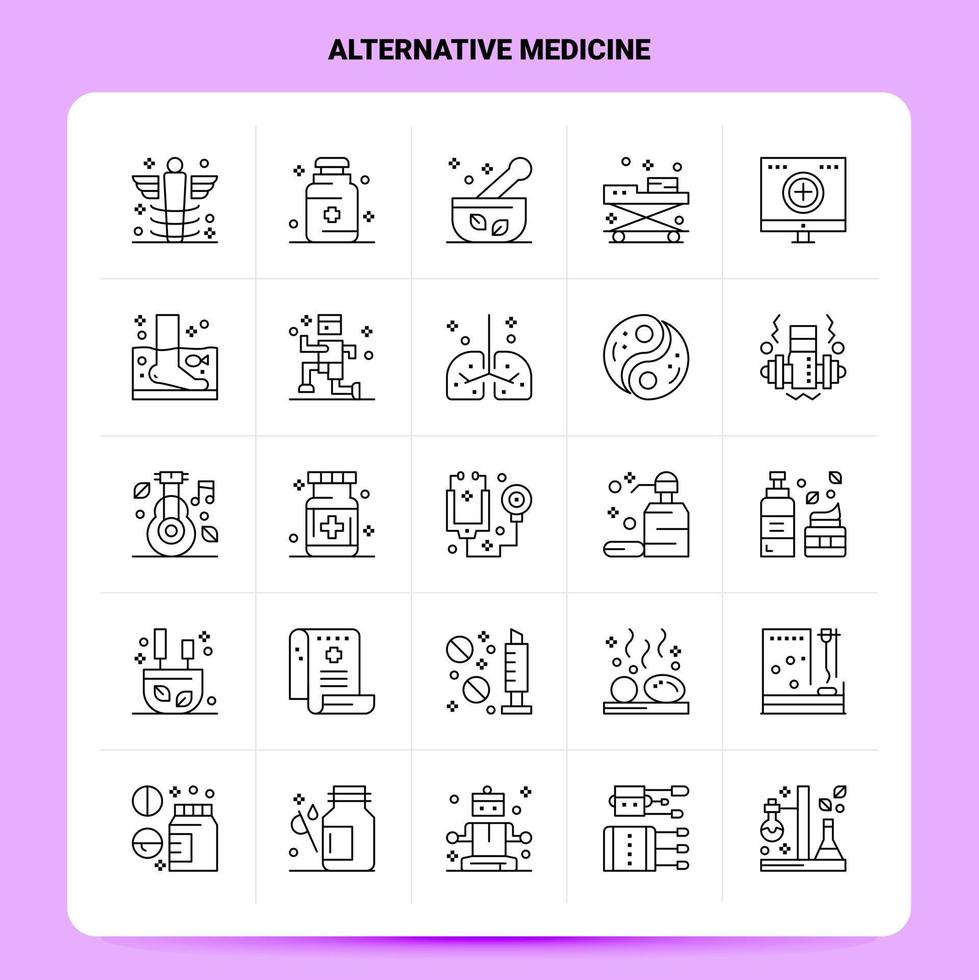 delinear 25 conjunto de ícones de medicina alternativa vetor design de estilo de linha ícones pretos conjunto de pictograma linear pacote de ideias de negócios móveis e web design ilustração vetorial