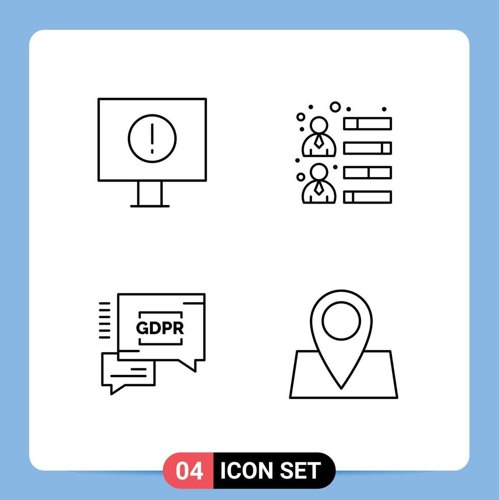 conjunto de 4 sinais de símbolos de ícones de interface do usuário modernos para segurança de computador, bate-papo, equipe de negócios, habilidades, localização, elementos de design de vetores editáveis