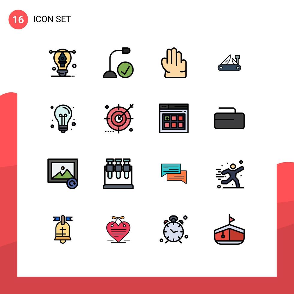 grupo de 16 linhas cheias de cores planas, sinais e símbolos para elementos de design de vetores criativos criativos de hardware suíço
