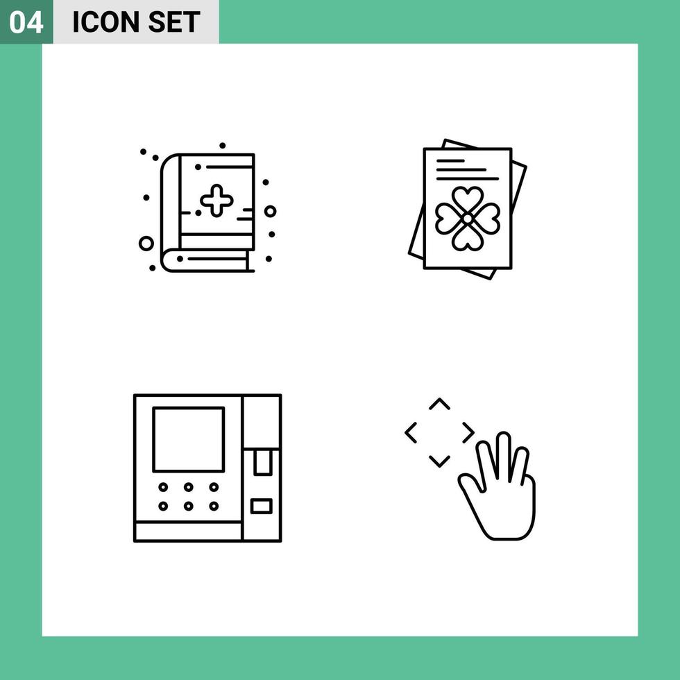 conjunto de linha de interface móvel de 4 pictogramas de passaporte de mão de livro atm elementos de design de vetores editáveis