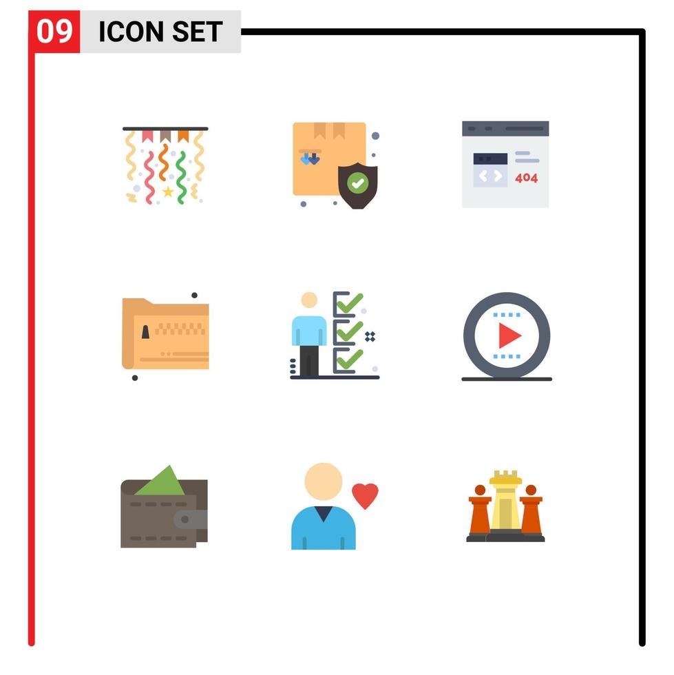 9 pacote de cores planas de interface de usuário de sinais e símbolos modernos de documentos de lista de verificação, pasta de arquivos do navegador, elementos de design vetorial editáveis vetor