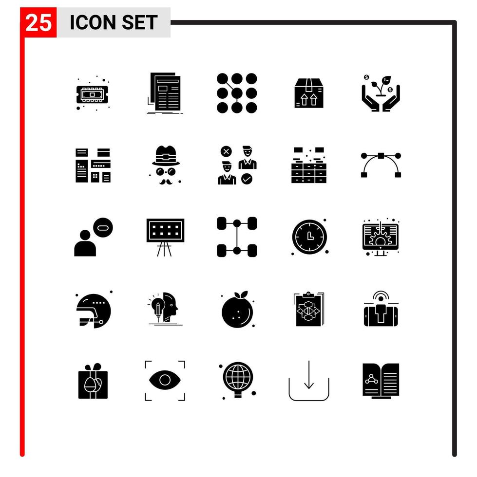 conjunto moderno de 25 glifos e símbolos sólidos, como finanças ecommerce, caixa de jornal, senha, elementos de design vetorial editáveis vetor