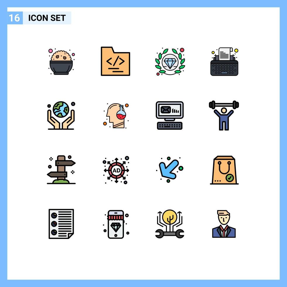 pacote de linha vetorial editável de 16 linhas simples cheias de cores planas do globo do planeta na mão máquina de escrever ambiente de qualidade elementos de design de vetor criativo editáveis