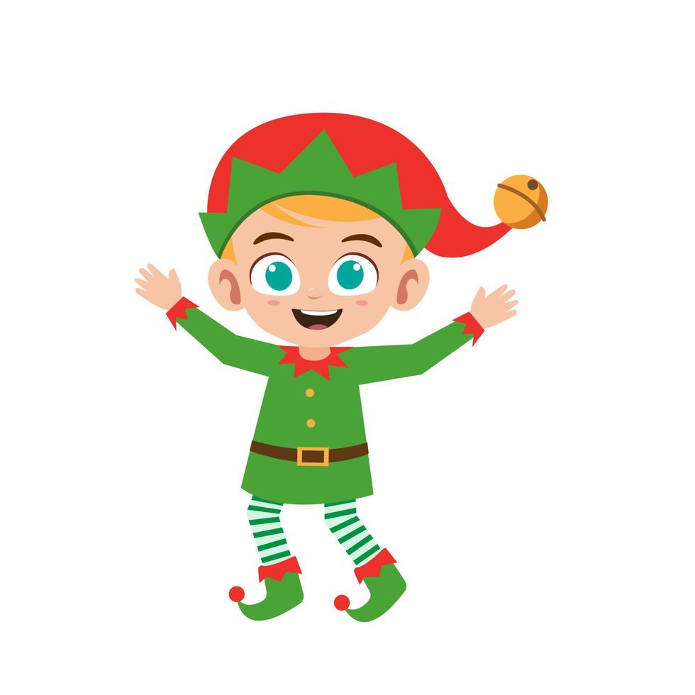 menino bonitinho feliz vestindo ilustração vetorial de fantasia de natal elfo verde vetor