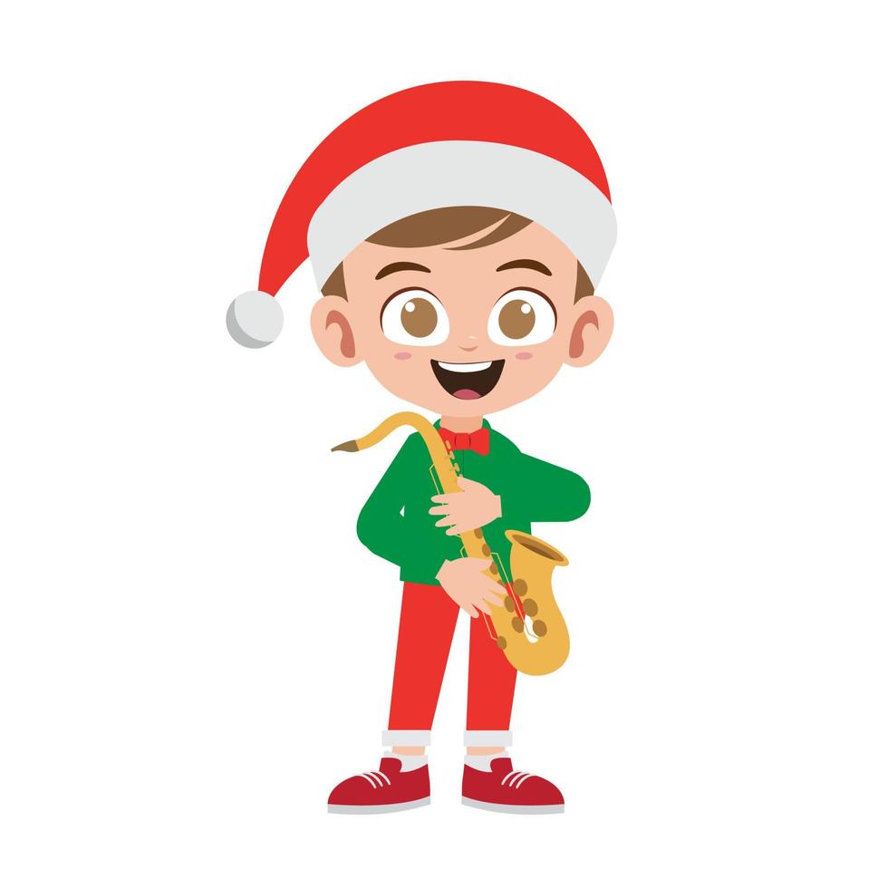 menino bonitinho feliz segurando o instrumento de saxofone em ilustração vetorial de fantasia de natal vetor