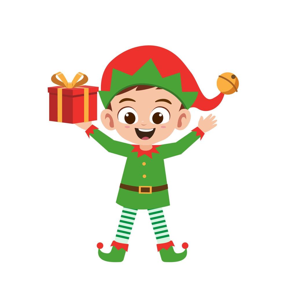 menino bonitinho feliz vestindo ilustração vetorial de fantasia de natal elfo verde vetor