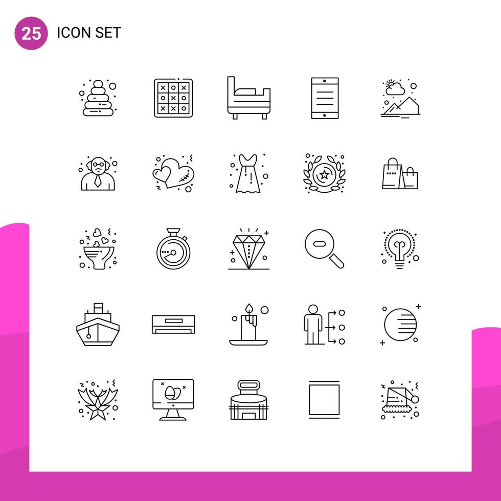 pacote de linha de 25 símbolos universais de elementos de design de vetores editáveis de texto de montanha de solário escolar