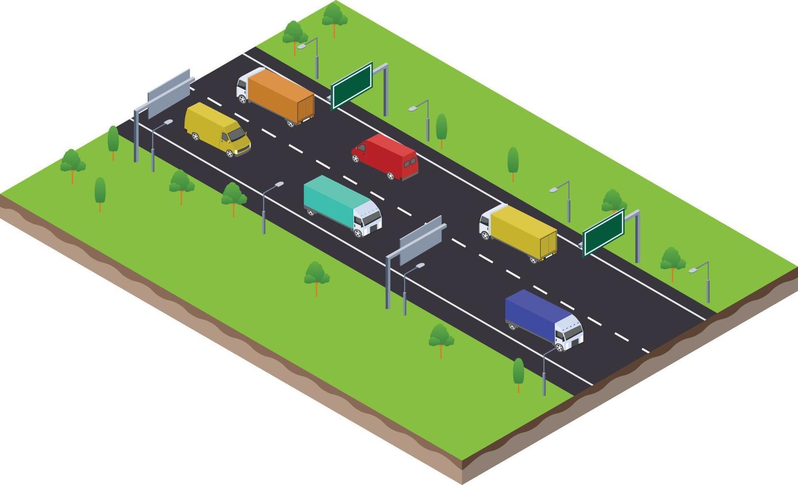 cena isométrica do caminhão logístico de transporte na estrada de tráfego rodoviário vetor