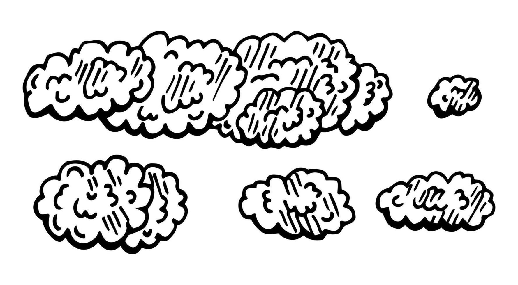 conjunto de nuvens na mão desenhada estilo retrô vintage isolado no fundo branco. elementos de design dos desenhos animados. ilustração vetorial. vetor