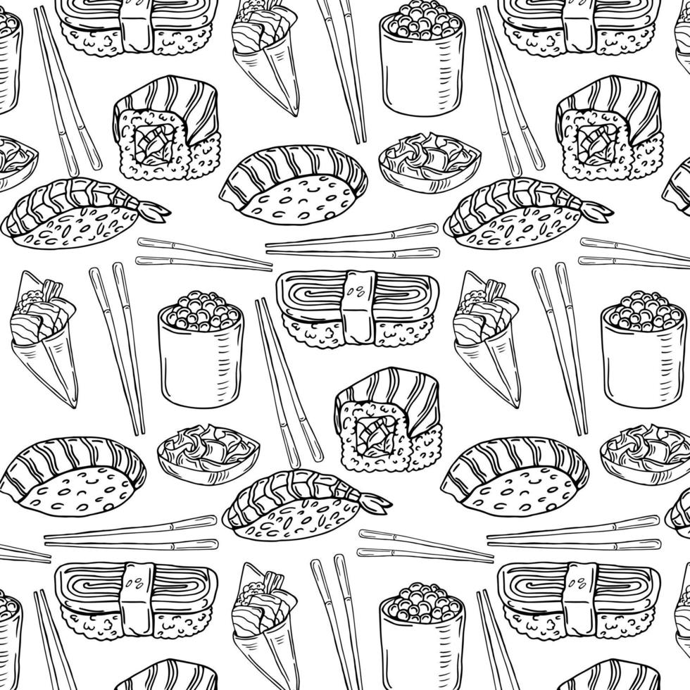 padrão de sushi preto e branco em estilo doodle. vetor
