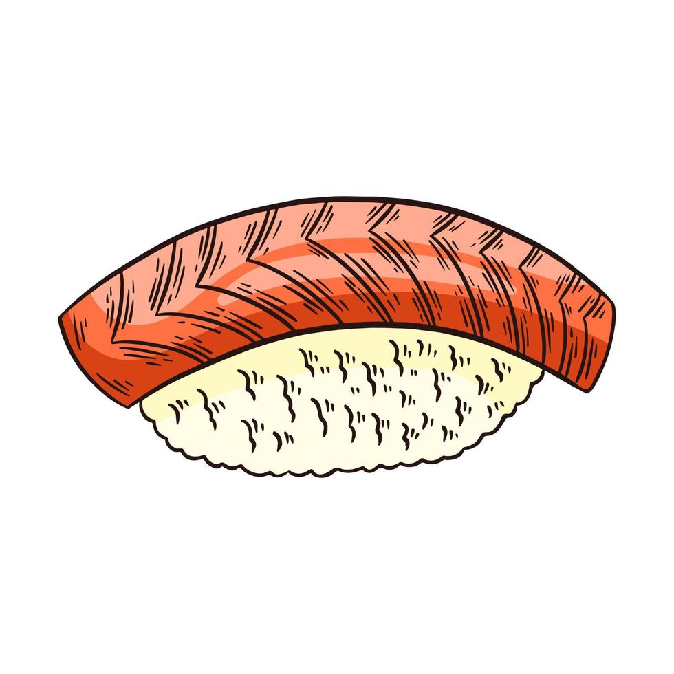saquê nigiri sushi ou salmão no arroz japonês desenhado à mão vetor